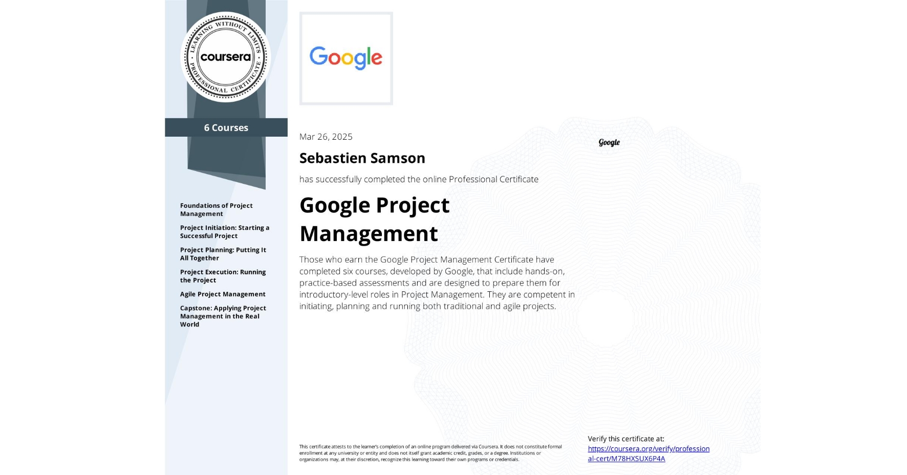 Google Project Management Professional certificate